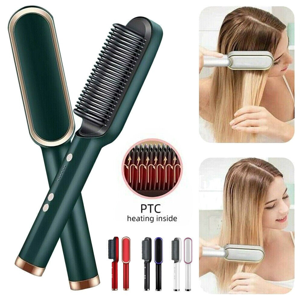 Electric 2-in-1 Hair Straightener & Curler Brush | Fast 3-Minute Styling Comb