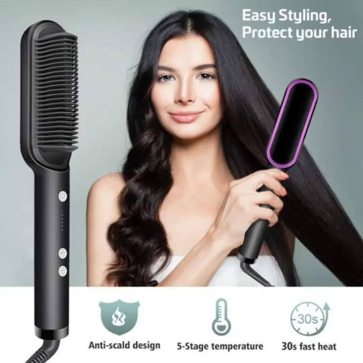 Electric 2-in-1 Hair Straightener & Curler Brush | Fast 3-Minute Styling Comb